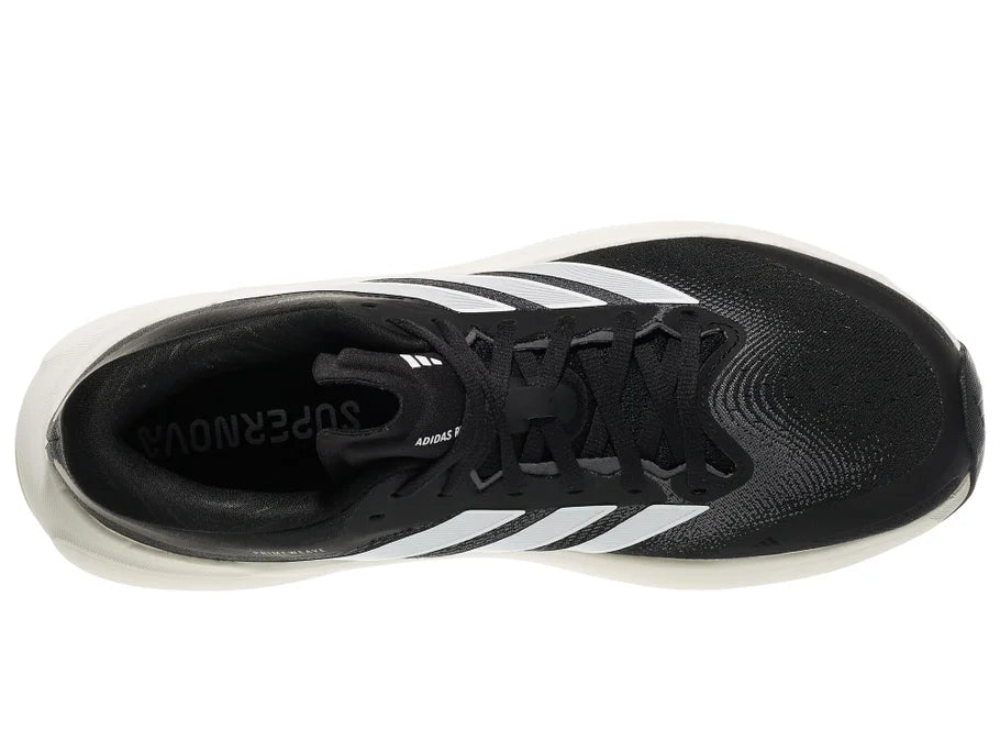Men's Adidas Supernova Rise 3. Black upper. White midsole. Top view.