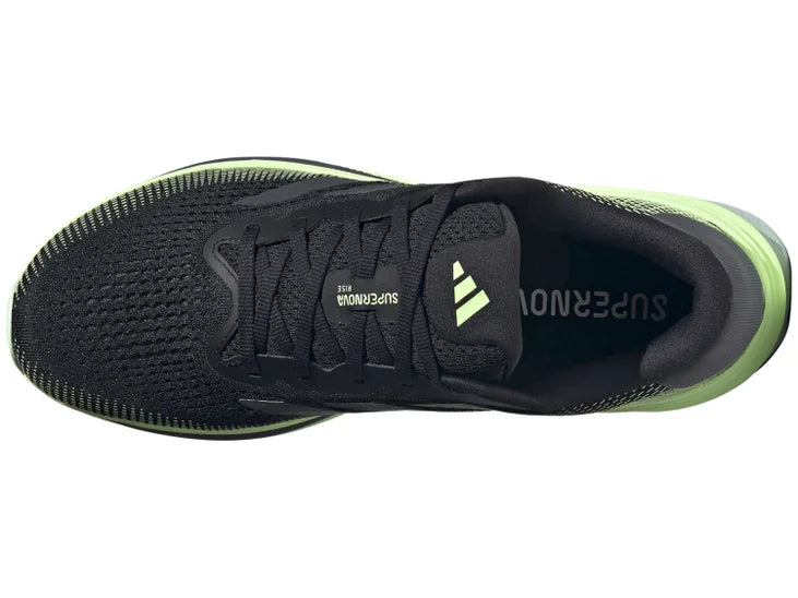Men's Adidas Supernova Rise - majority black shoe with a bright green fade and green midsole. Top View