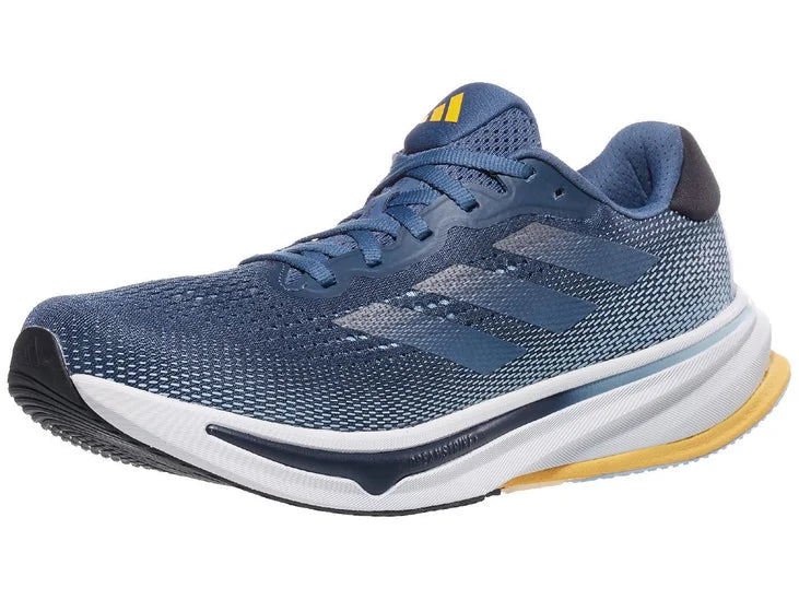 Men's Adidas Supernova Rise. Grey/Blue upper. White midsole. Lateral view.