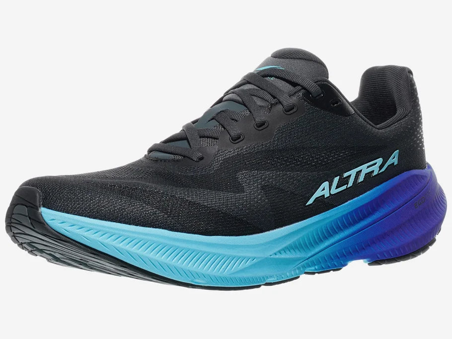 Men's Altra Experience Flow 3. Black upper with blue accents. Lateral view.