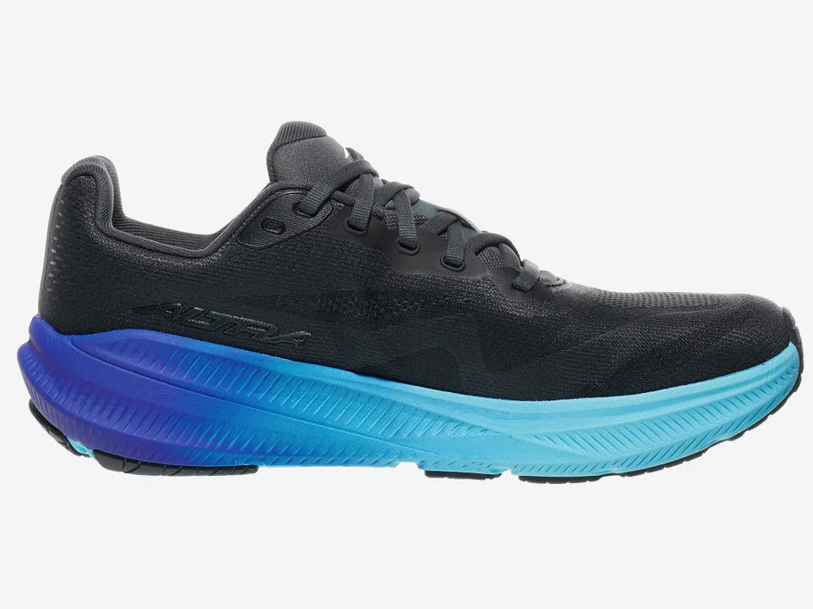 Men's Altra Experience Flow 3. Black upper with blue accents. Medial view.