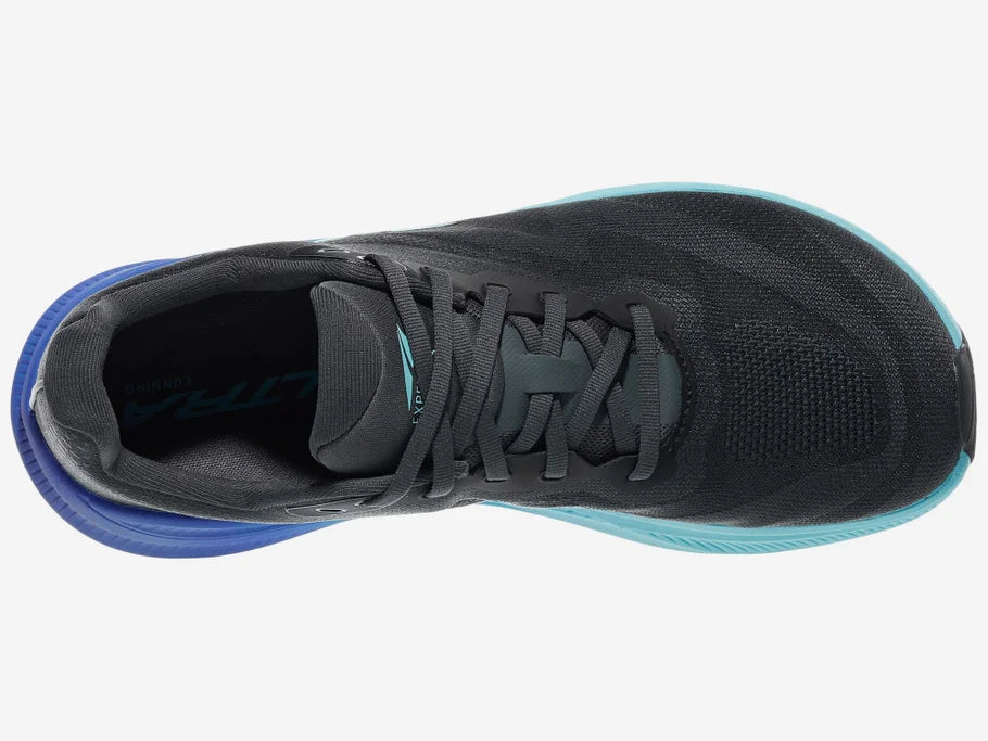 Men's Altra Experience Flow 3. Black upper with blue accents. Top view.
