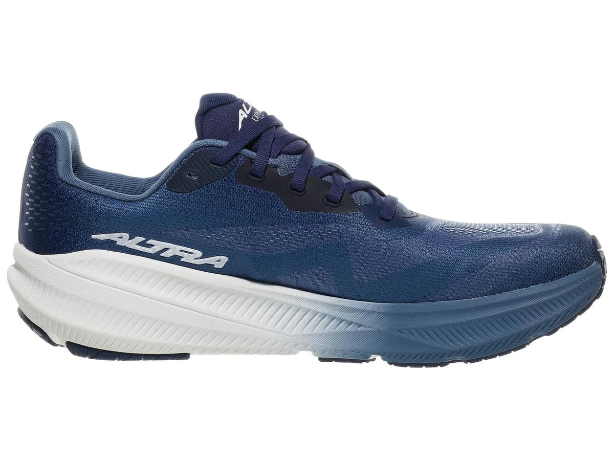 Men's Altra Experience Flow 3. Blue upper. Blue and white midsole. Medial view.
