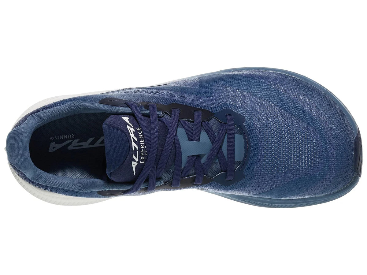 Men's Altra Experience Flow 3. Blue upper. Blue and white midsole. Top view.