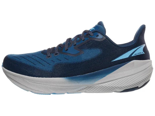 Men's Altra Experience Flow. Blue upper. Grey midsole. Lateral view.