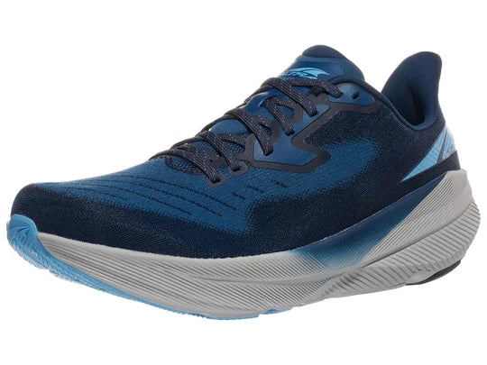 Men's Altra Experience Flow. Blue upper. Grey midsole. Lateral view.