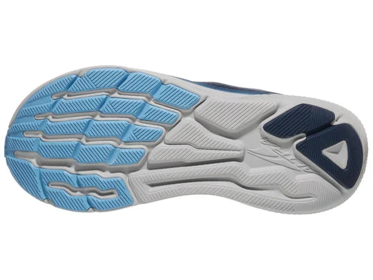 Men's Altra Experience Flow. Blue upper. Grey midsole. Bottom view.