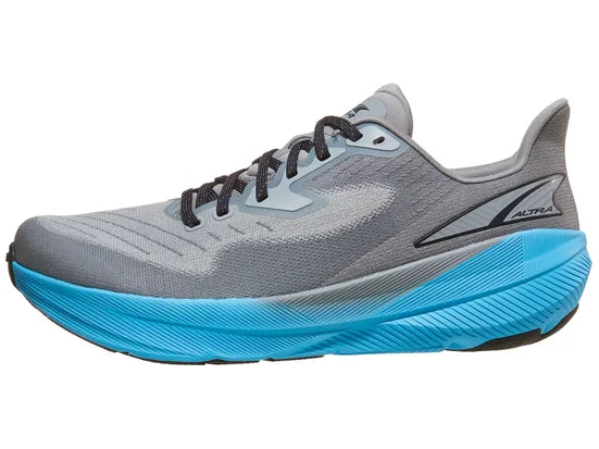 Men's Alra Experience Flow. Gray upper. Blue midsole. Lateral view.