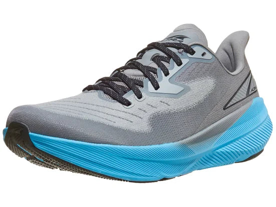 Men's Alra Experience Flow. Gray upper. Blue midsole. Lateral view.