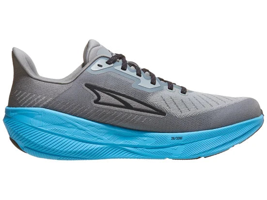 Men's Alra Experience Flow. Gray upper. Blue midsole. Medial view.