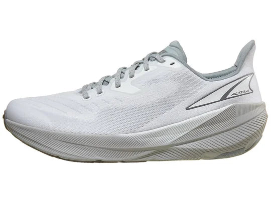 Men's Altra Experience Flow. White upper. Gray midsole. Lateral view.
