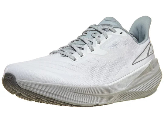 Men's Altra Experience Flow. White upper. Gray midsole. Lateral view.