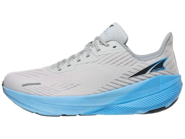 Men's Altra FWD Experience. Grey upper. Light blue midsole. Lateral view.