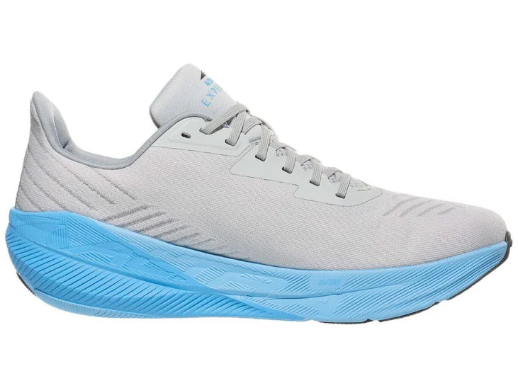 Men's Altra FWD Experience. Grey upper. Light blue midsole. Medial view.