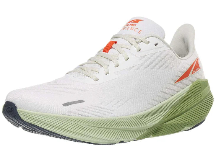 Men's Altra FWD Experience. White upper. Light green midsole. Lateral view.