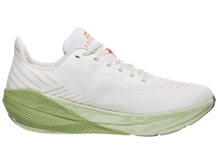 Men's Altra FWD Experience. White upper. Light green midsole. Medial view.