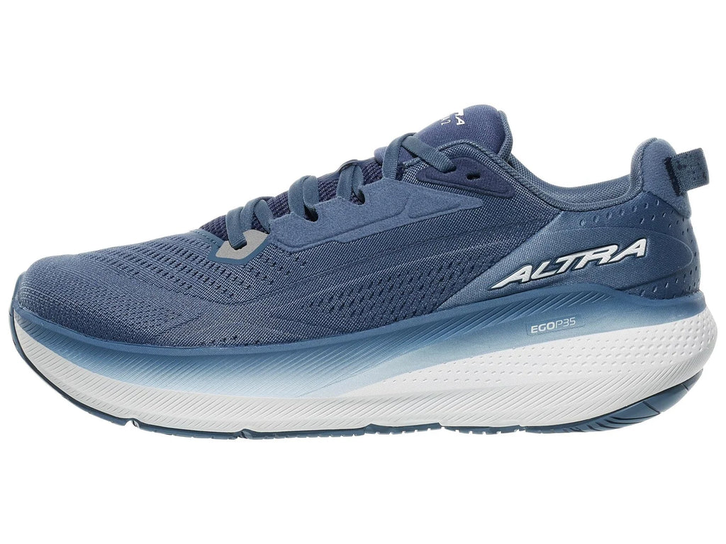 Men's Altra FWD Via. Navy blue upper. White midsole. Lateral view.