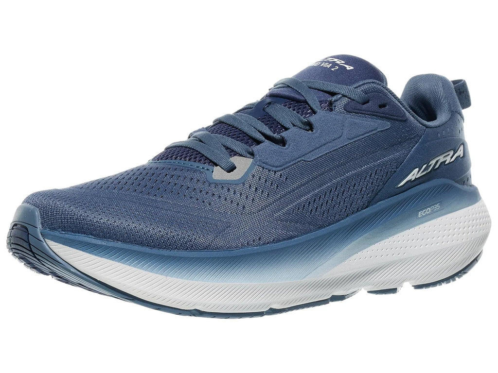 Men's Altra FWD Via. Navy blue upper. White midsole. Lateral view.