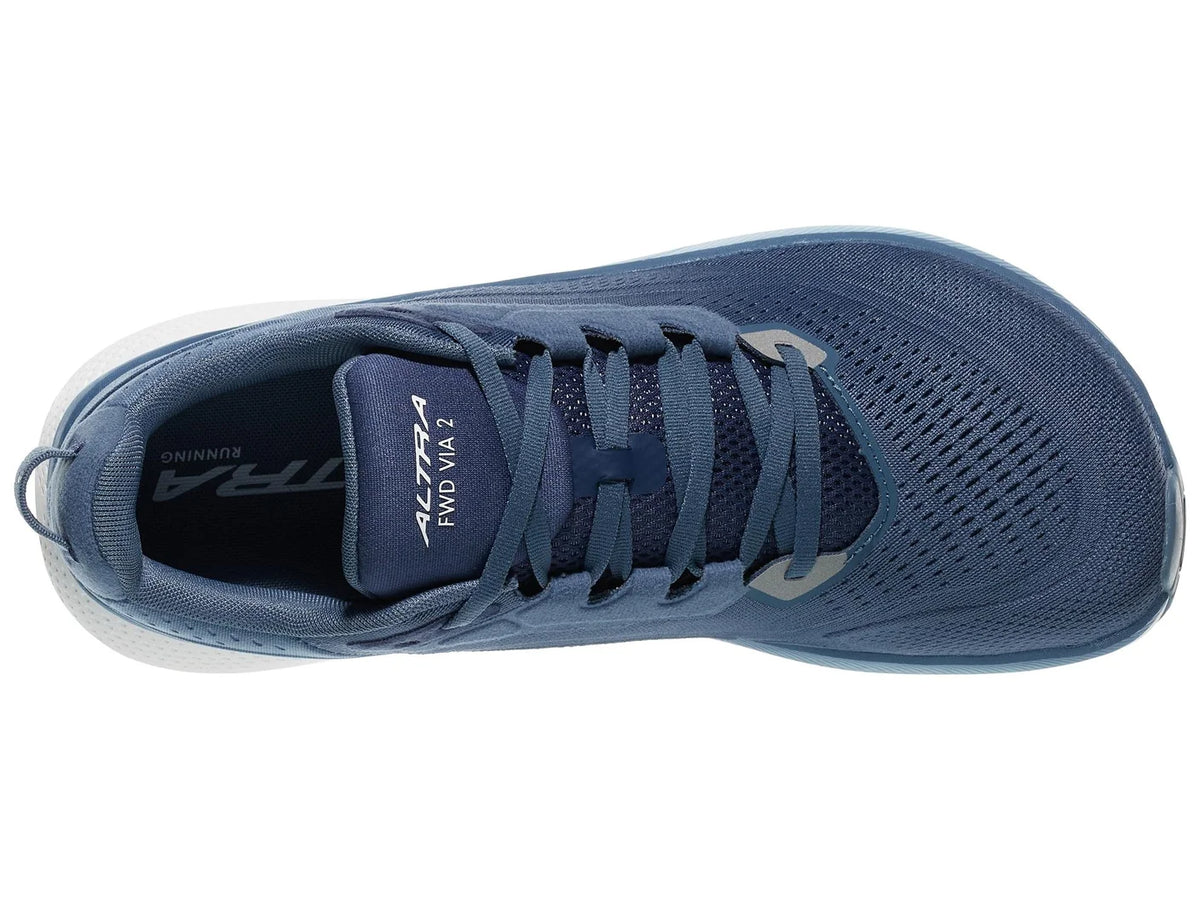 Men's Altra FWD Via. Navy blue upper. White midsole. Top view.