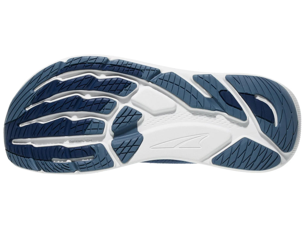 Men's Altra FWD Via. Navy blue upper. White midsole. Bottom view.