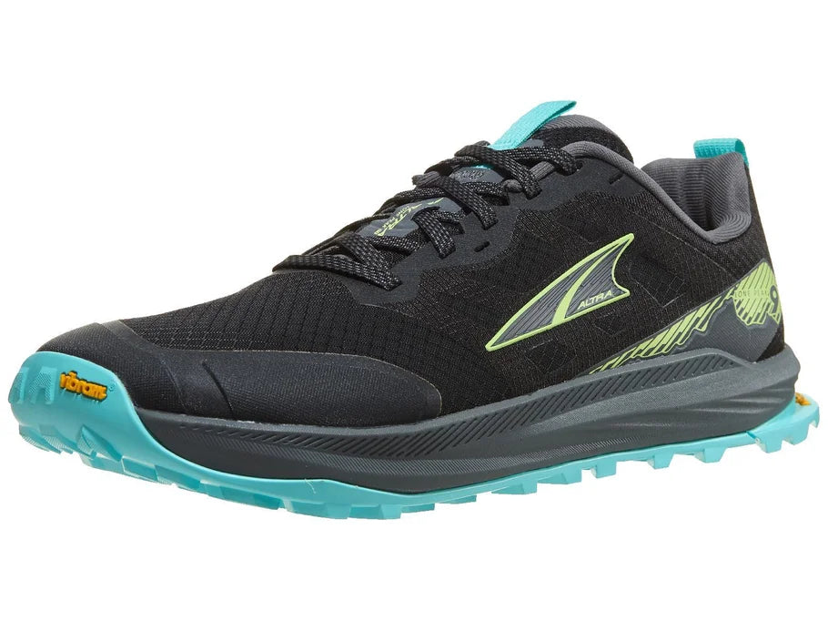 Men's Altra Lone Peak 9+. Black upper. Black midsole. Lateral view.
