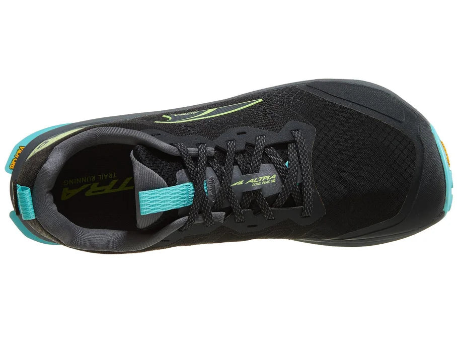 Men's Altra Lone Peak 9+. Black upper. Black midsole. Top view.