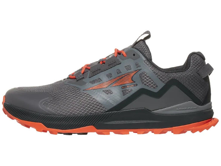 Men's Altra Lone Peak All Weather Low 2. Grey upper. Black midsole. Lateral view.