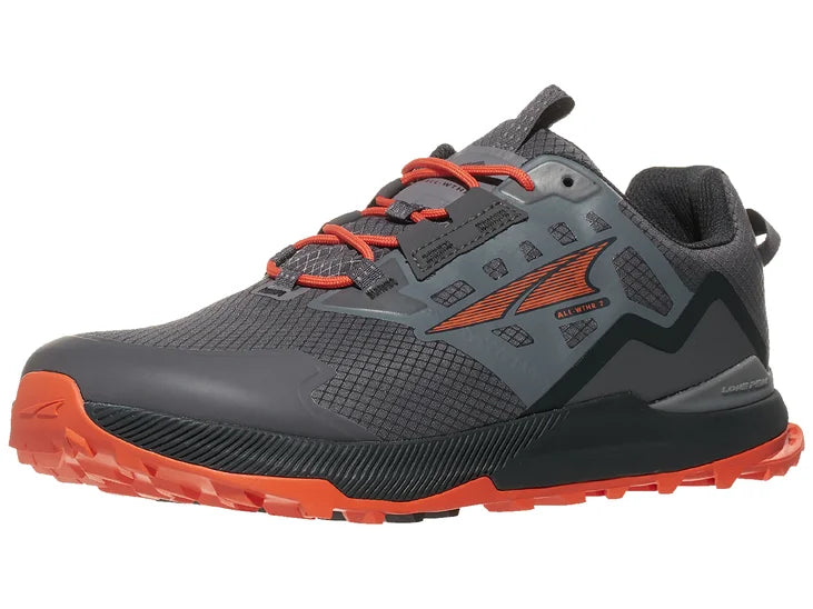 Men's Altra Lone Peak All Weather Low 2. Grey upper. Black midsole. Lateral view.
