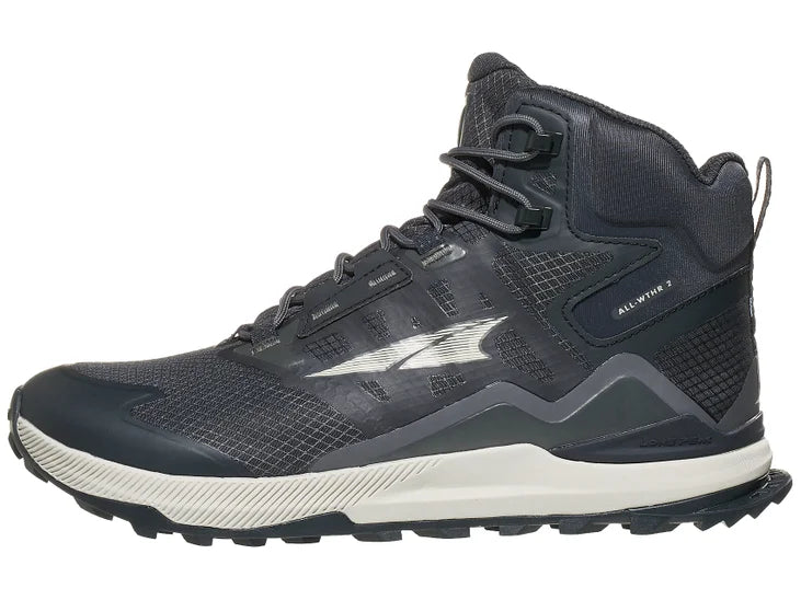 Men's Altra Lone Peak All Weather Mid 2. Black/grey upper. Off white midsole. Lateral view.