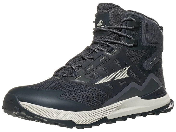 Men's Altra Lone Peak All Weather Mid 2. Black/grey upper. Off white midsole. Lateral view.