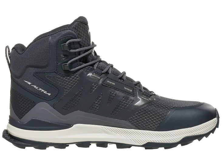 Men's Altra Lone Peak All Weather Mid 2. Black/grey upper. Off white midsole. Medial view.
