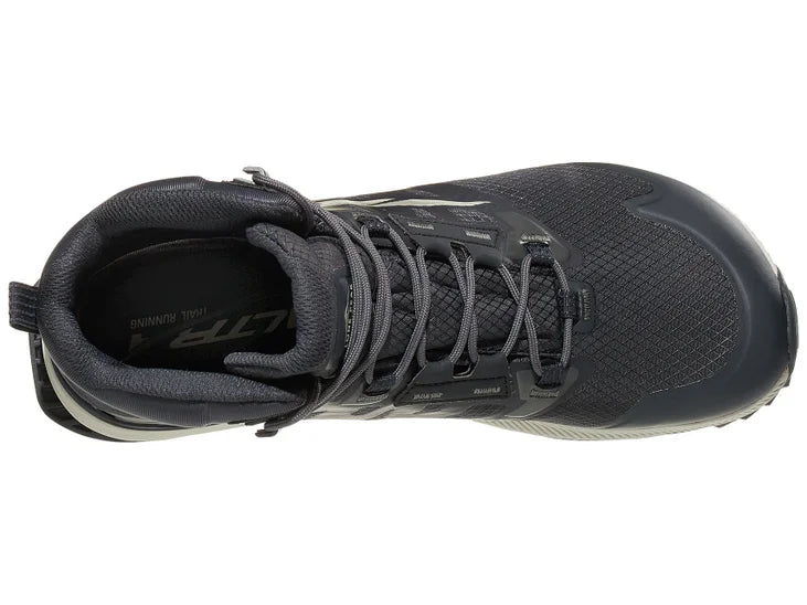 Men's Altra Lone Peak All Weather Mid 2. Black/grey upper. Off white midsole. Top view.