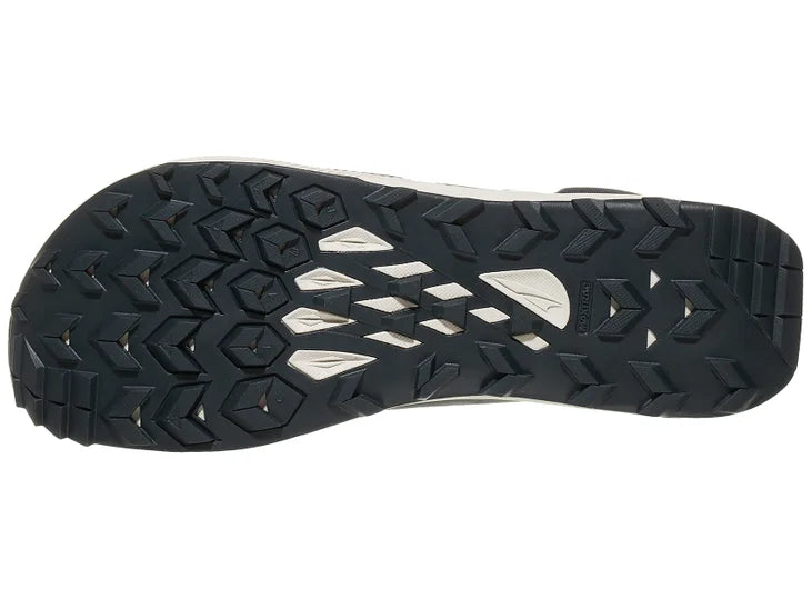 Men's Altra Lone Peak All Weather Mid 2. Black/grey upper. Off white midsole. Bottom view.