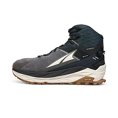Men's Altra Olympus 5 Hike Mid GTX. Black/grey upper. Off white midsole. Lateral view.