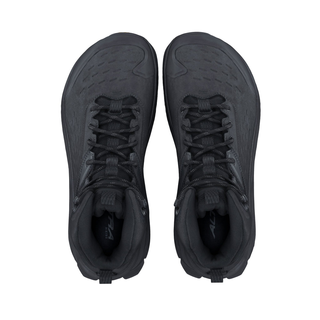 Men's Altra Olympus 6 bike MID GTX. Black upper. Black midsole. Top view.