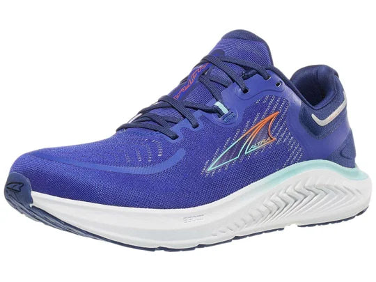 Men's Altra Paradigm 7. Blue upper. White midsole. Lateral view.