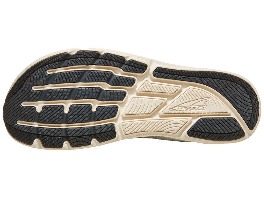 Men's Altra Torin 8. Black upper. White midsole. Bottom view.