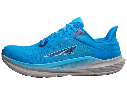 Men's Altra Torin 8. Blue upper. Grey midsole. Lateral view.