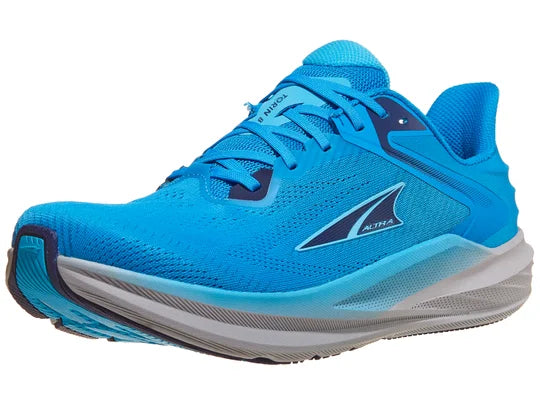 Men's Altra Torin 8. Blue upper. Grey midsole. Lateral view.