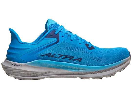 Men's Altra Torin 8. Blue upper. Grey midsole. Medial view.