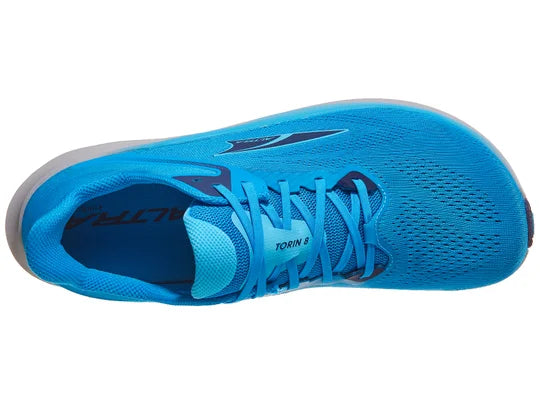 Men's Altra Torin 8. Blue upper. Grey midsole. Top view.