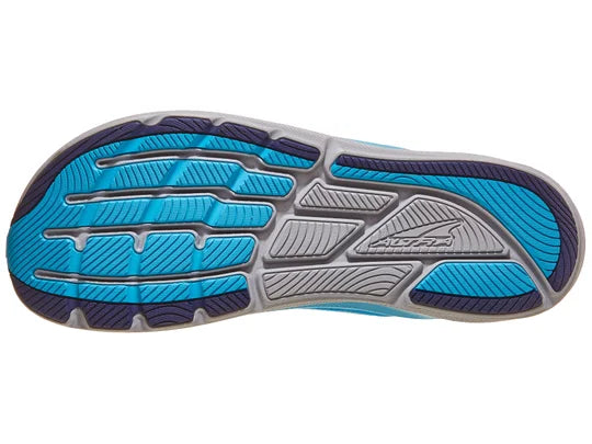 Men's Altra Torin 8. Blue upper. Grey midsole. Bottom view.