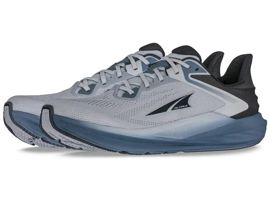 Men's Altra Torin 8. Grey upper. Grey/Blue midsole. Lateral view.
