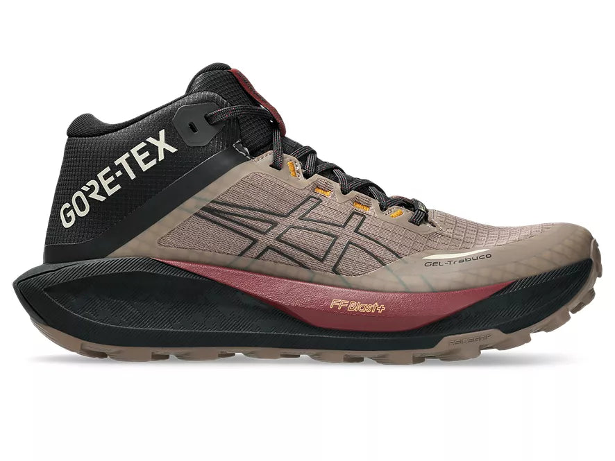 Men's Asics Gel-Trabuco MT GTX. Taupe upper. Black midsole. Lateral view.