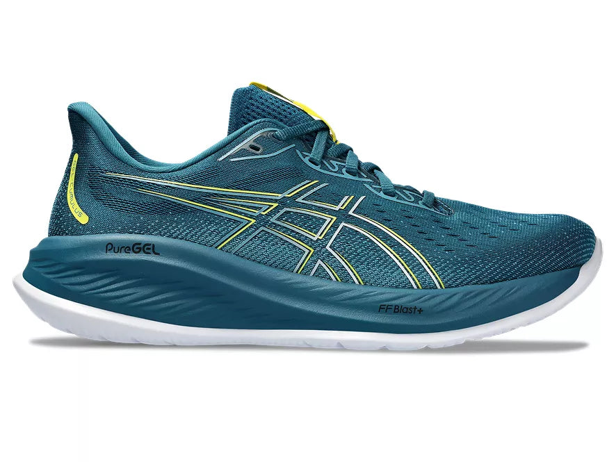 Men's Asics Gel-Cumulus 26. Blue/Green upper. Blue/Green midsole. Lateral view.