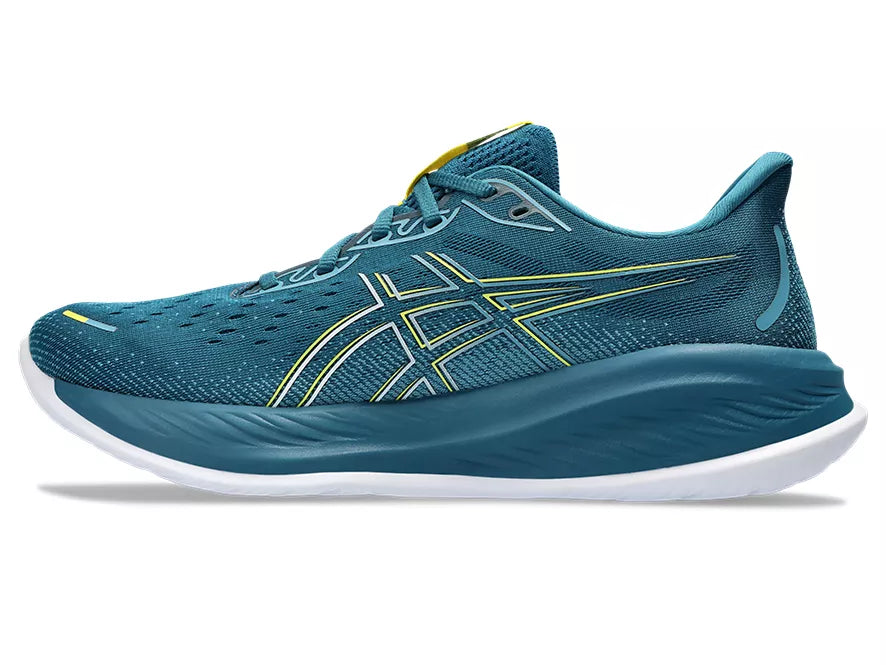 Men's Asics Gel-Cumulus 26. Blue/Green upper. Blue/Green midsole. Medial view.
