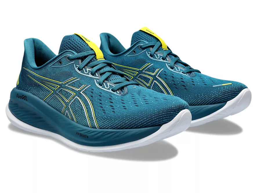 Men's Asics Gel-Cumulus 26. Blue/Green upper. Blue/Green midsole. Lateral view.