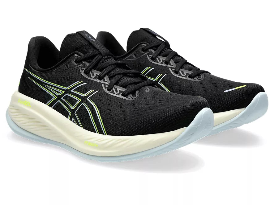 Men's Asics Gel-Cumulus 26. Black upper. Yellow midsole. Lateral view.