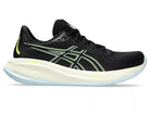 Men's Asics Gel-Cumulus 26. Black upper. Yellow midsole. Lateral view.