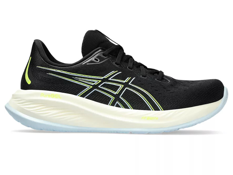 Men's Asics Gel-Cumulus 26. Black upper. Yellow midsole. Lateral view.
